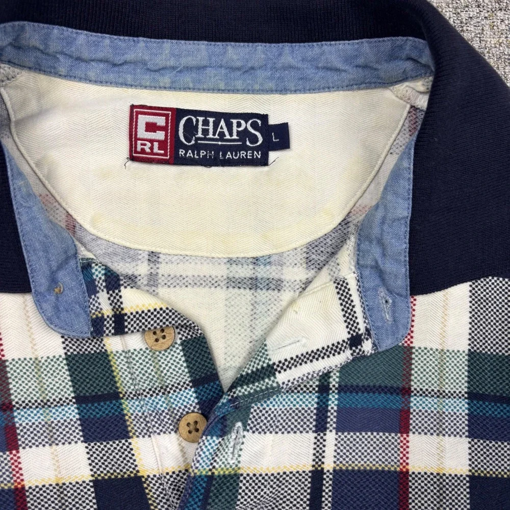 Chaps Ralph Lauren Polo Shirt Mens L Multi Plaid Vintage Short Sleeve Pique